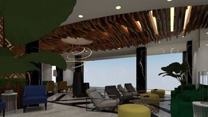 Uma área de estar moderna com disposição de assentos, uma janela grande e um design de teto único.