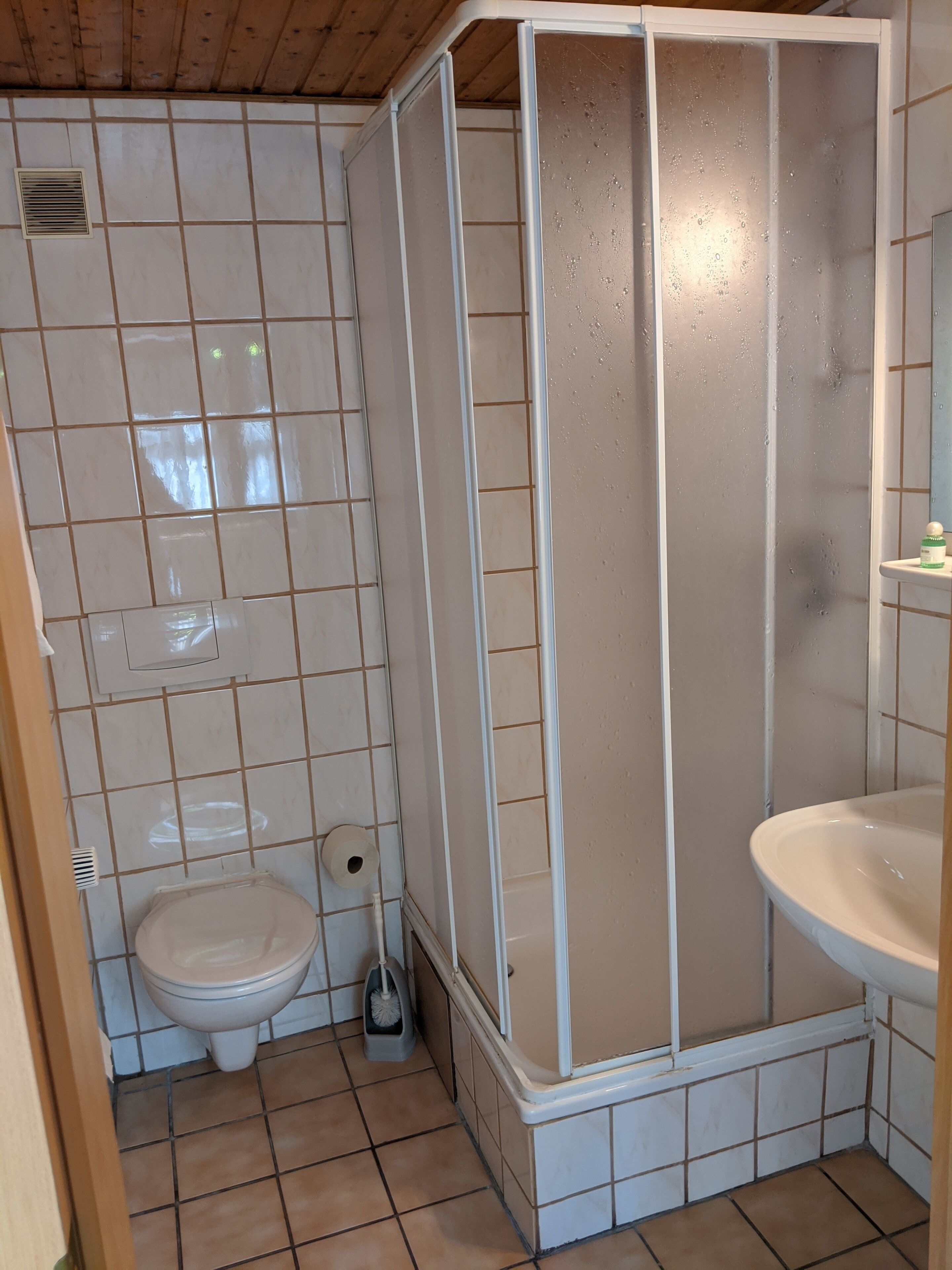 Ein Badezimmer mit Toilette, Duschkabine und Waschbecken.