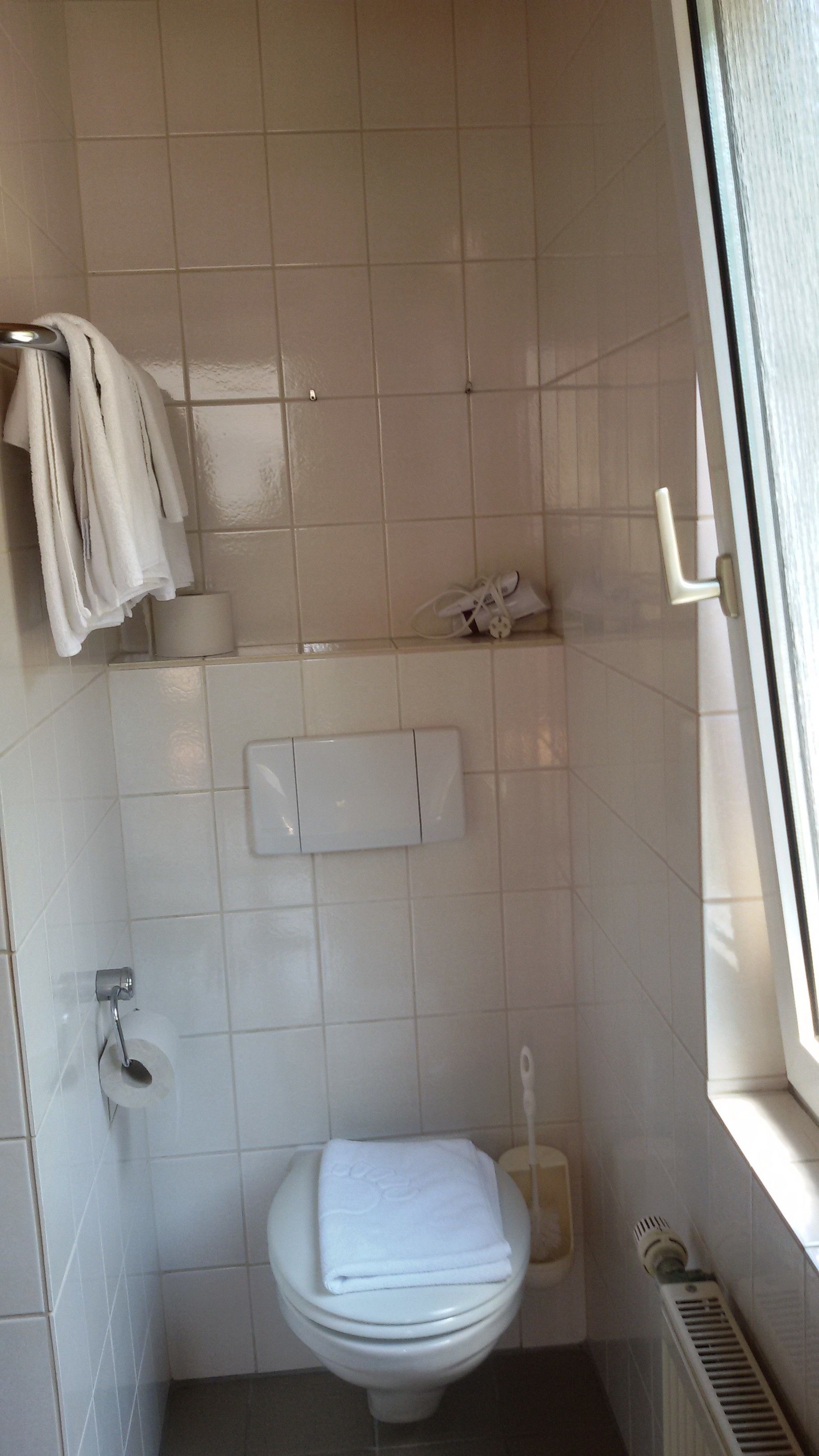 A small, clean bathroom with a toilet, a towel rack, and a window.