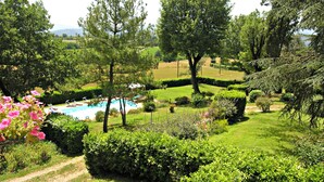 Un jardín ajardinado con piscina, césped impecable y varias especies de árboles.