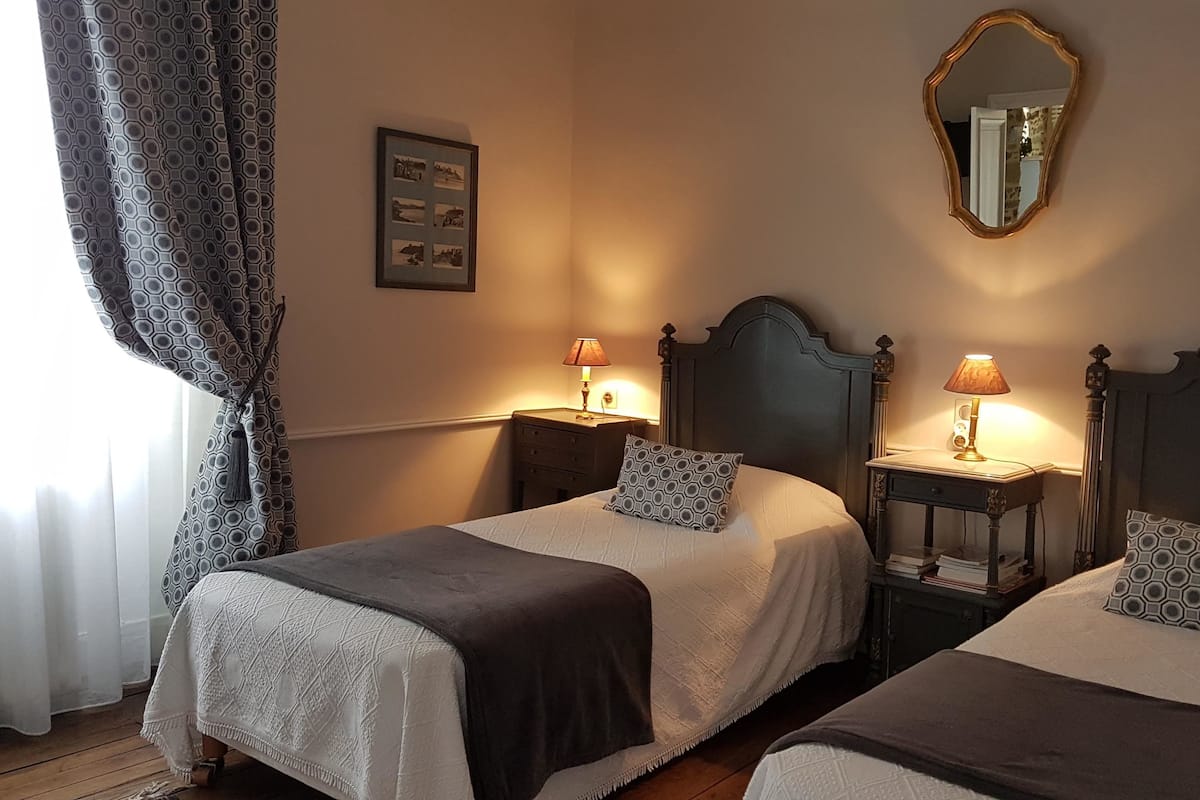 Habitación de hotel con dos camas, cada una con un cojín estampado, una mesita de noche con lámpara y un cuadro enmarcado en la pared.
