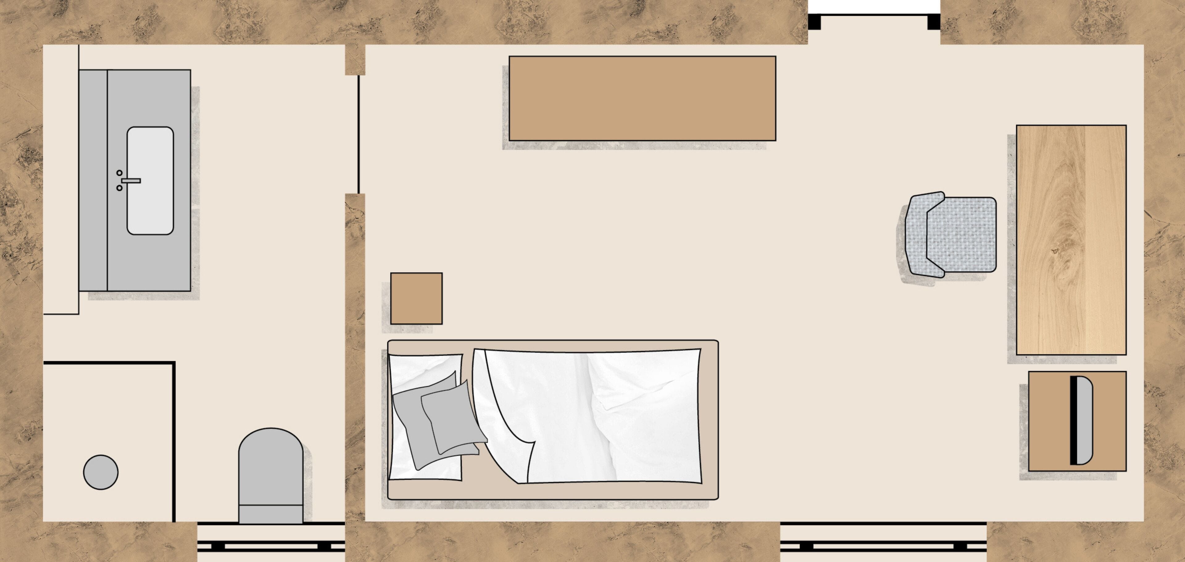 A hotel room layout with a bed, a desk, a chair, a small table, and a wardrobe.