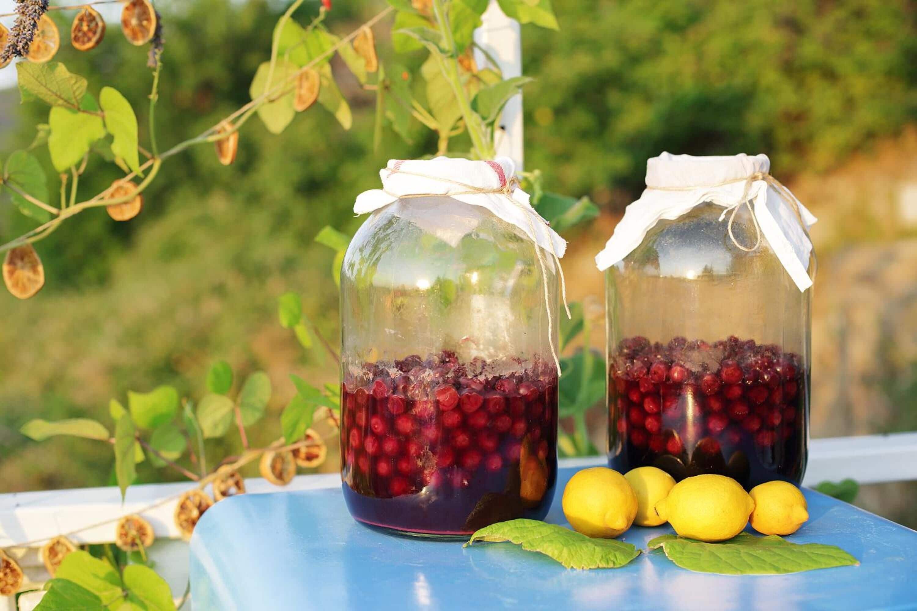Dos frascos de vidrio con frutas secas y limones sobre una superficie azul.