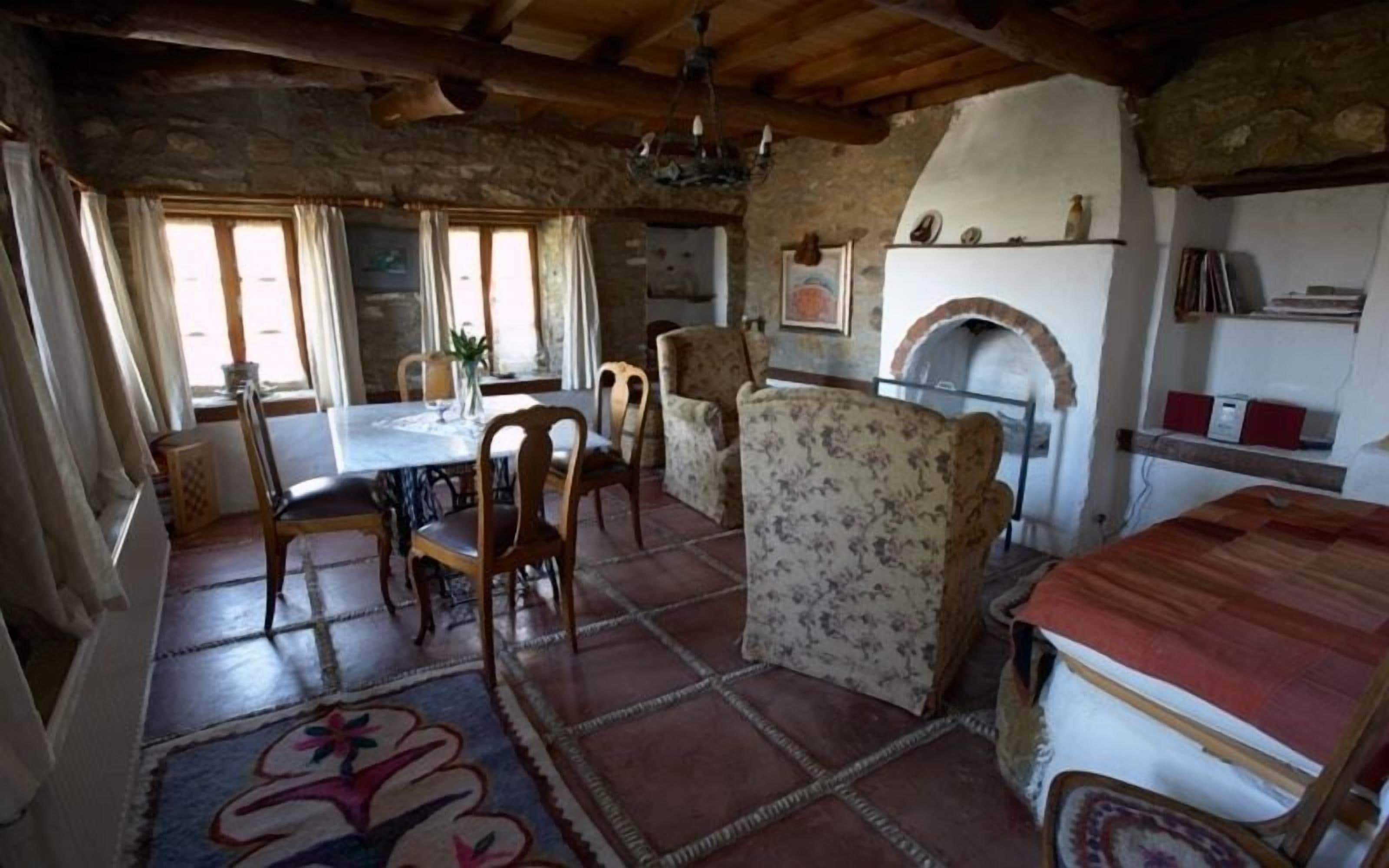 A rustic room with a stone ceiling, a fireplace, a dining table with chairs, and a patterned rug.