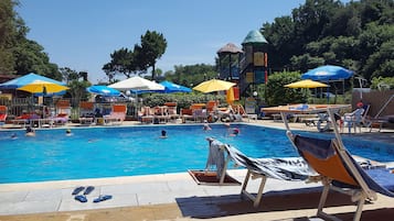 Sæsonbestemt udendørs pool, åben fra kl. 10.00 til kl. 19.00, parasoller