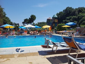 Seasonal outdoor pool, open 10:00 AM to 7:00 PM, pool umbrellas
