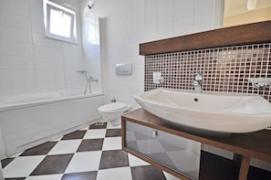 Villa, Pool View | Bathroom | Separate tub and shower, deep soaking tub, hydromassage showerhead