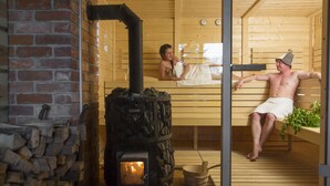 Una sauna con estufa de leña, bancos y pared de ladrillo.