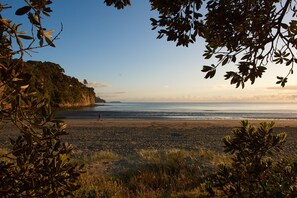 Une plage où l’on voit une personne se promener, entourée de végétation, sous un ciel dégagé.