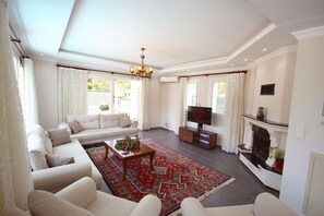 Televisión LCD, chimenea, películas con cargo