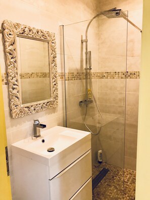 Shower, soap, shampoo, toilet paper