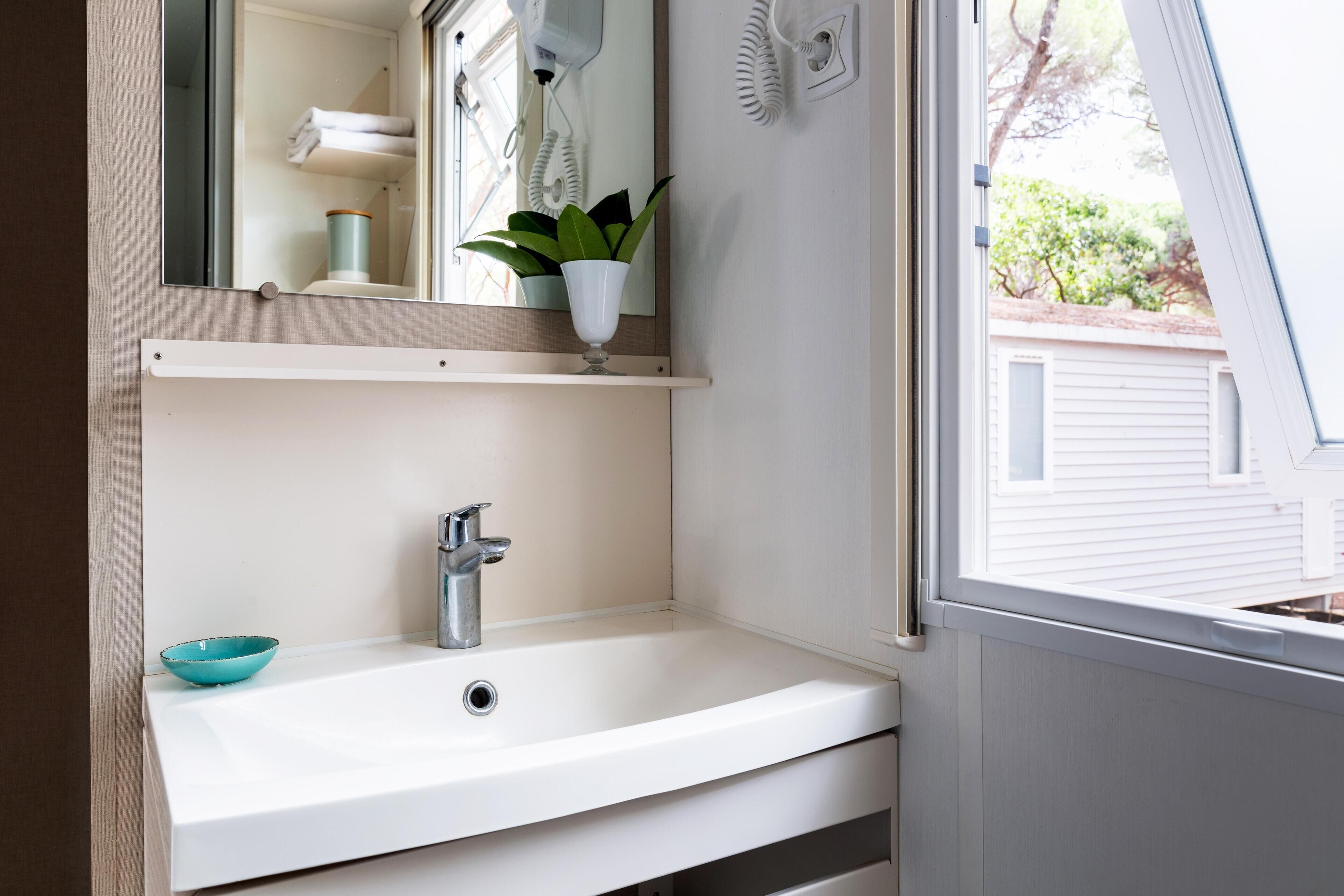A bathroom with a white sink, a mirror, a towel rack, and a potted plant.