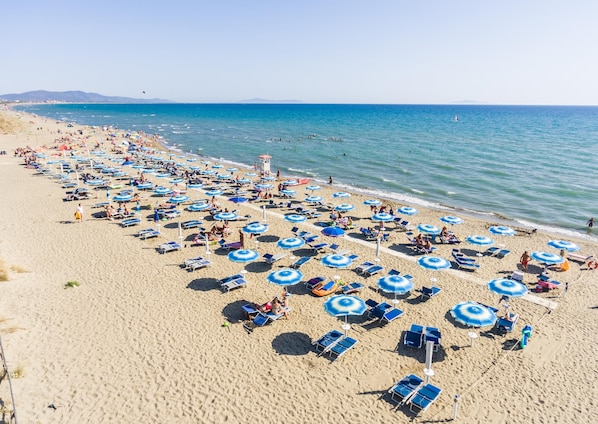 在海滩、白沙、沙滩椅、海滩遮阳伞