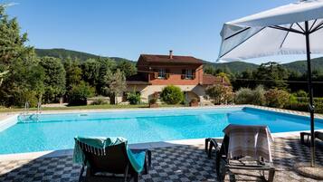 Seasonal outdoor pool, pool umbrellas, pool loungers