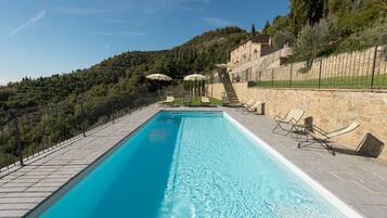 Outdoor pool, pool umbrellas, pool loungers