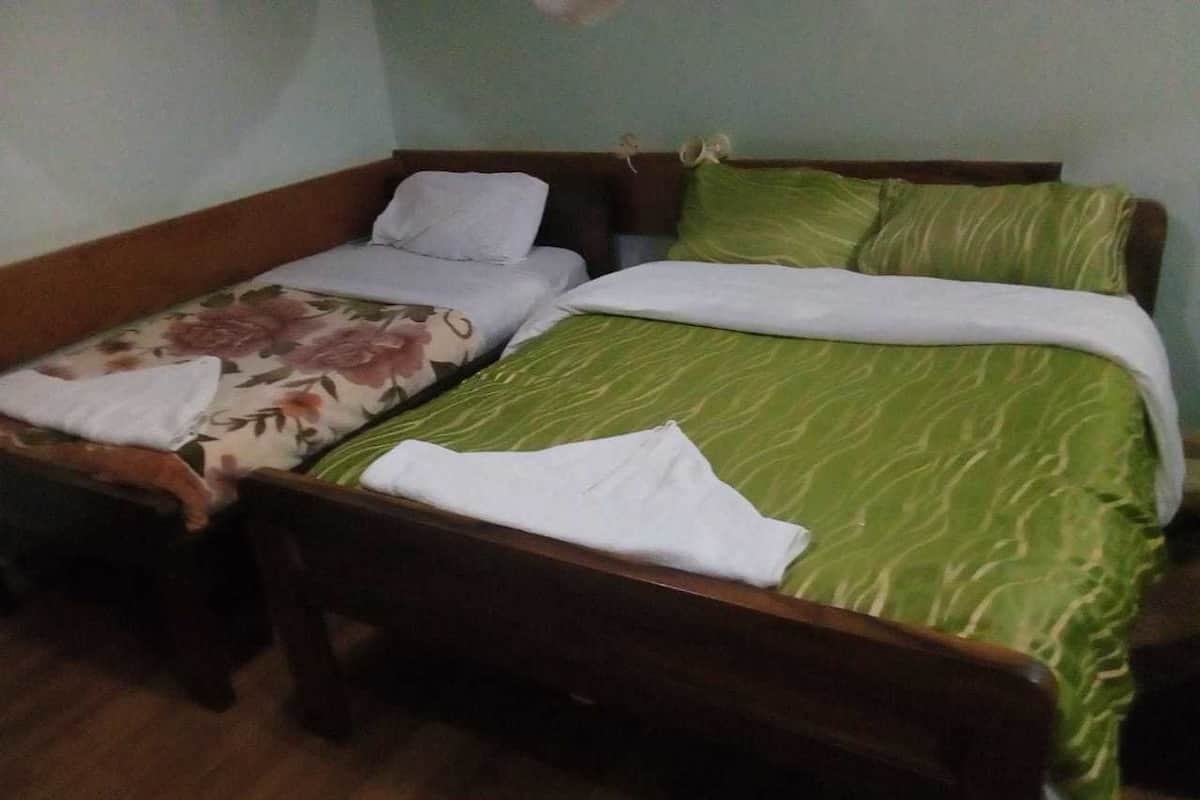 Una habitación con dos camas de madera, una con colcha estampada y la otra con cubrecama verde.