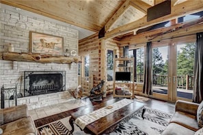 Cabin, Multiple Beds, Hot Tub, Mountain View | Living room | Flat-screen TV, fireplace, DVD player - Blue Lake Lodge - Seven Bedroom Cabin with Hot Tub (Ruidoso)