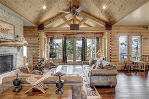 Cabin, Multiple Beds, Hot Tub, Mountain View | Living room | Flat-screen TV, fireplace, DVD player