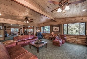 Cabin, Multiple Beds, Hot Tub, Mountain View | Living room | Flat-screen TV, fireplace, DVD player - Buffalo Lodge - Seven Bedroom Cabin with Hot Tub (Ruidoso)