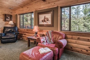 Cabin, Multiple Beds, Hot Tub, Mountain View | Living room | Flat-screen TV, fireplace, DVD player - Buffalo Lodge - Seven Bedroom Cabin with Hot Tub (Ruidoso)
