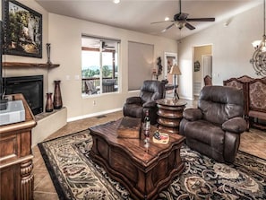 Cabin, Multiple Beds, Hot Tub, Mountain View | Living room | Flat-screen TV, fireplace, DVD player - Casa Bien - Three Bedroom Cabin with Hot Tub (Ruidoso)