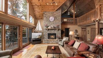 House, Multiple Beds, Hot Tub, Mountain View | Living room | Flat-screen TV, fireplace