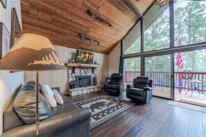 Cabin, Multiple Beds, Patio, Mountain View | Living room | Flat-screen TV, fireplace, DVD player - Midtown HideAway - Two Bedroom Cabin (Ruidoso)