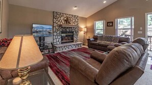 Cabin, Multiple Beds, Hot Tub | Living room | Flat-screen TV, fireplace, DVD player