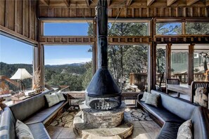 Cabin, Multiple Beds, Hot Tub, Mountain View | Living room | Flat-screen TV, fireplace, DVD player
