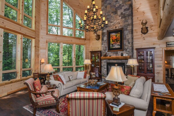 Ferienhaus, Mehrere Betten, Whirlpool | Wohnzimmer | Fernseher, Kamin