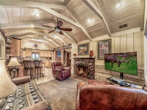 Huisje, meerdere bedden, patio, uitzicht op bergen | Woonkamer | Een flatscreentelevisie, een open haard en een dvd-speler