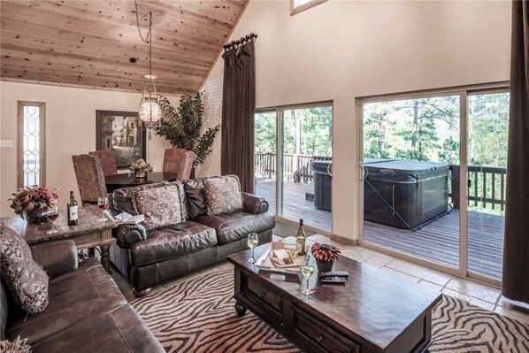 Cabin, Multiple Beds, Hot Tub, Mountain View | Living room | Flat-screen TV, fireplace, DVD player - Sierras Grace - Three Bedroom Cabin with Hot Tub (Ruidoso)