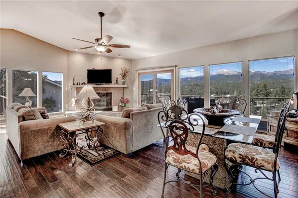 Cabane, plusieurs lits, patio, vue montagne | Salle de séjour | Télévision à écran plat, cheminée, lecteur de DVD