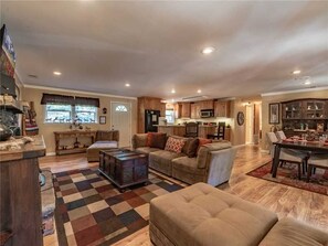 Cabin, 2 Queen Beds, Hot Tub, Mountain View | Living room | Flat-screen TV, fireplace, DVD player