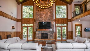 Flat-screen TV, fireplace