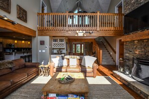 House, Multiple Beds, Hot Tub | Living room | TV, fireplace, DVD player - Lakeside Story 6 Bedroom House (Swanton)