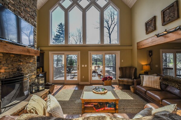 House, Multiple Beds, Hot Tub | Living room | TV, fireplace, DVD player - Lakeside Story 6 Bedroom House (Swanton)