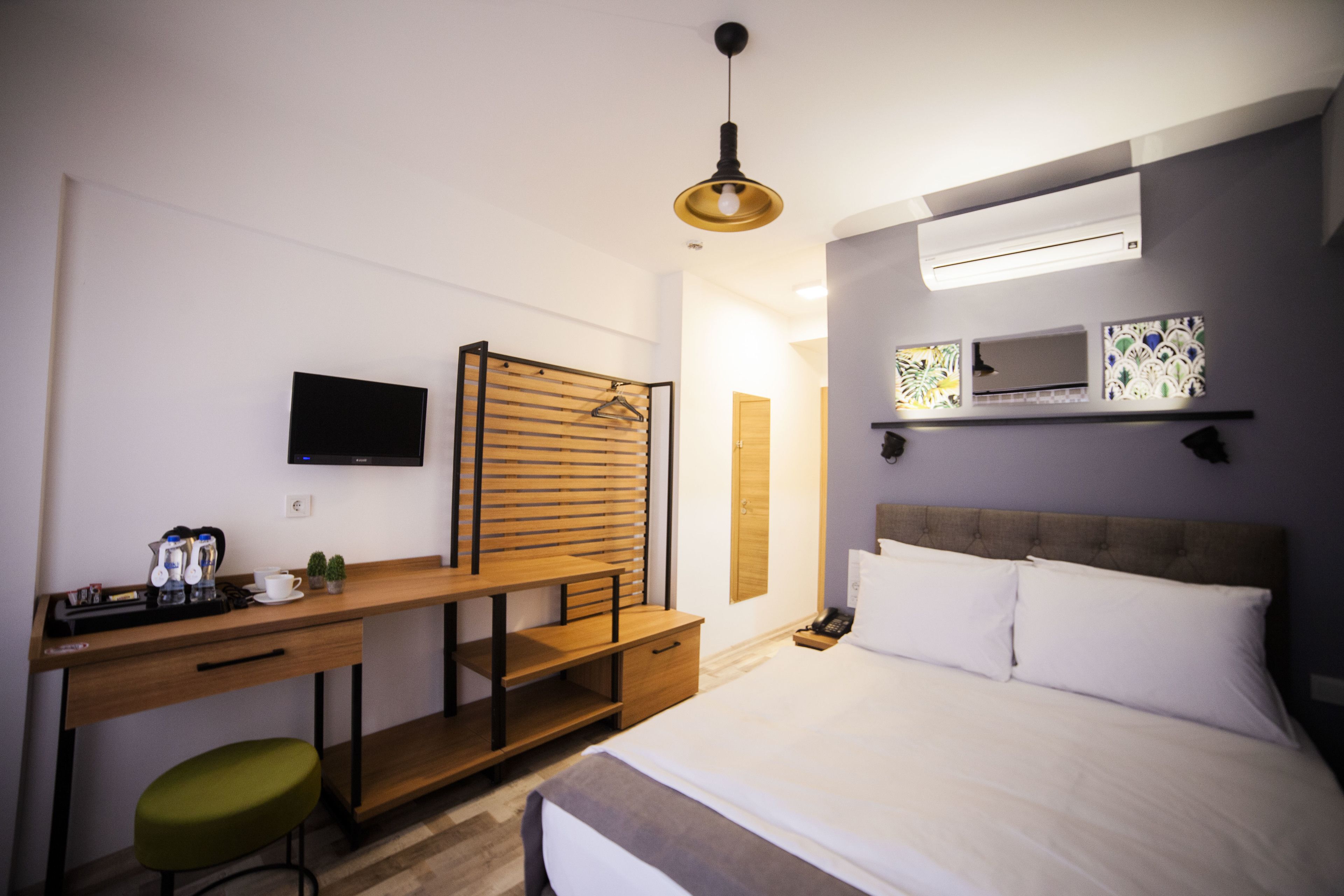 Una habitación de hotel moderna con una cama, un escritorio con una silla, un televisor y una planta pequeña.