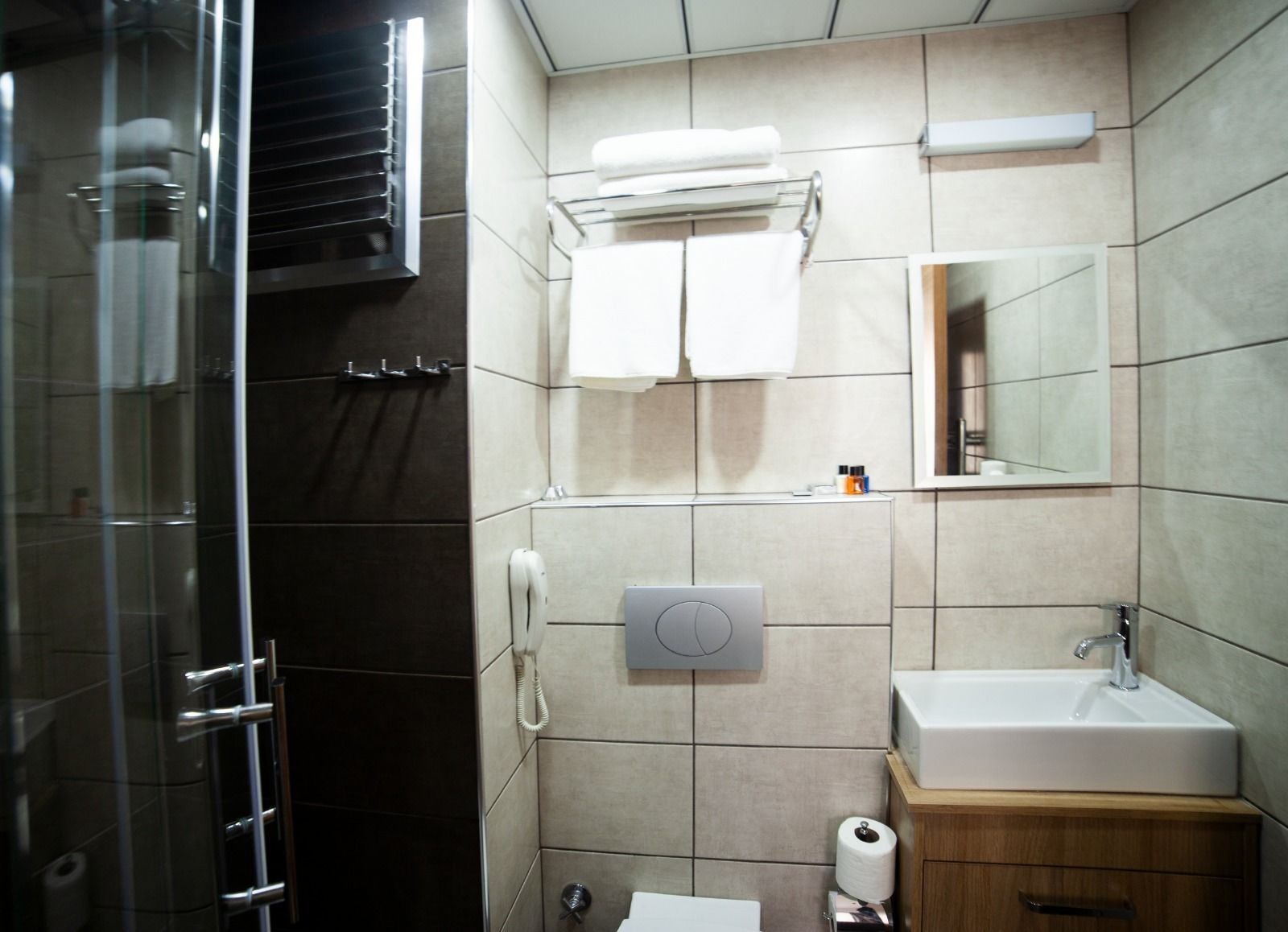 A modern bathroom with a glass shower enclosure, a white sink, a mirror, and a toilet.