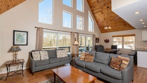 House, Multiple Beds, Hot Tub | Living room | TV, fireplace, DVD player - Timberwolf 5 Bedroom House (Swanton)