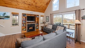 House, Multiple Beds, Hot Tub | Living room | TV, fireplace, DVD player - Timberwolf 5 Bedroom House (Swanton)