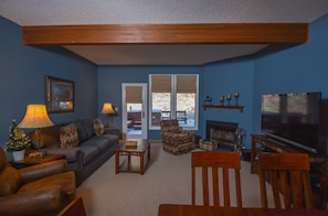 House, 2 Queen Beds, Hot Tub | Living room | TV, fireplace - Villages of the Wisp Winding Way 2 Bedroom Townhome #34 (McHenry)