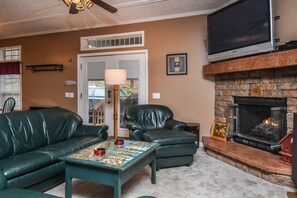 House, Multiple Beds, Hot Tub | Living room | TV, fireplace, DVD player - Hillside Hideaway 5 Bedroom House (McHenry)