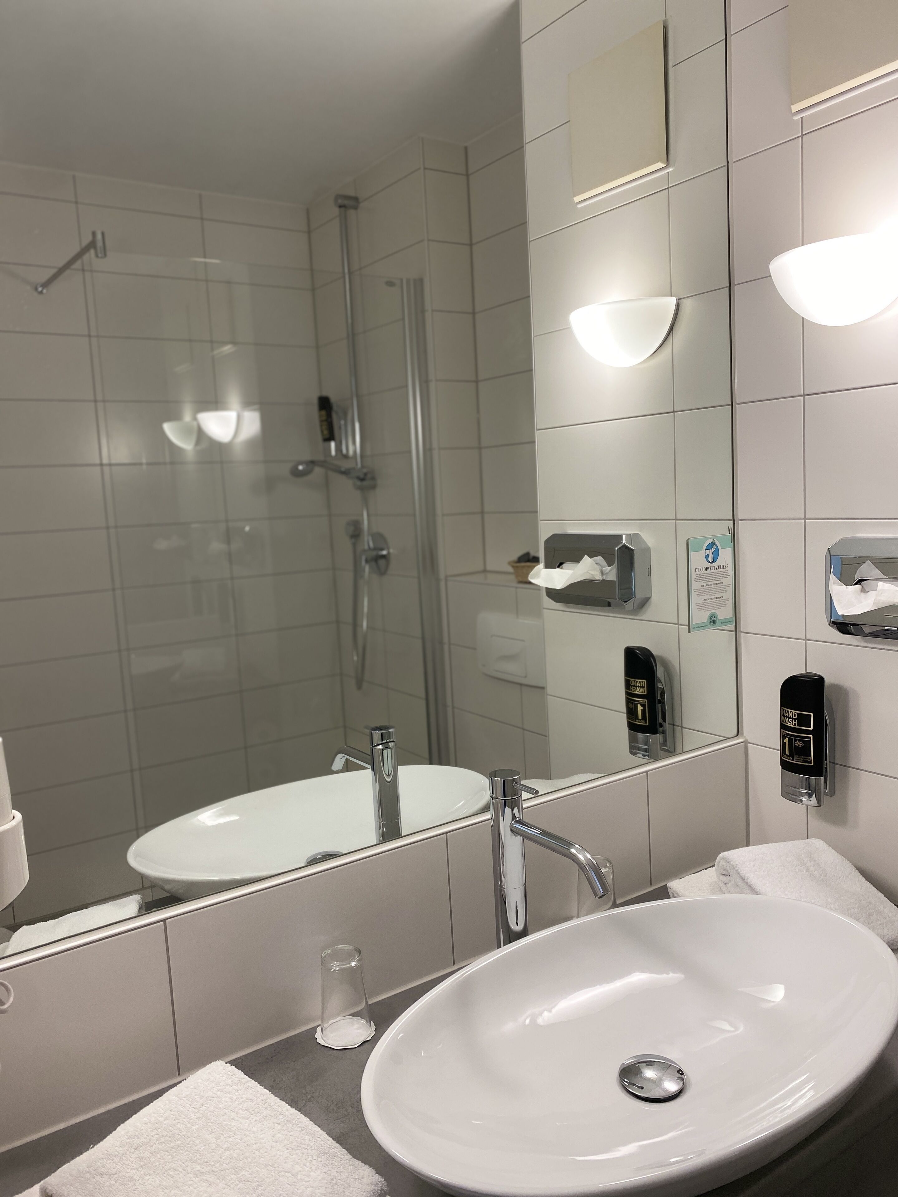 hair dryer, towels, soap, shampoo