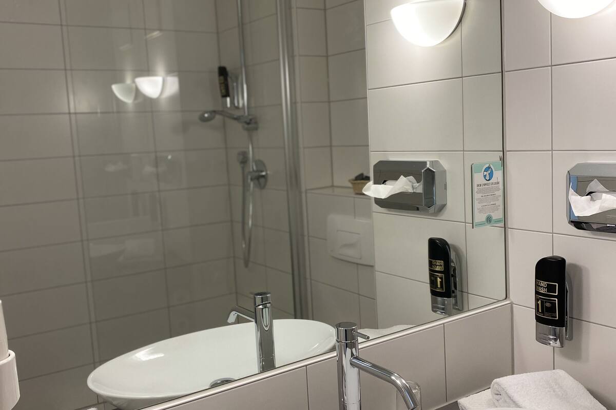 hair dryer, towels, soap, shampoo