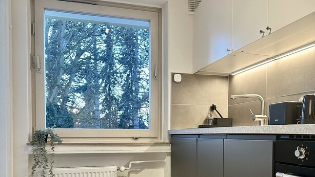 Una cocina moderna con un ventanal grande, electrodomésticos integrados y vistas a árboles.