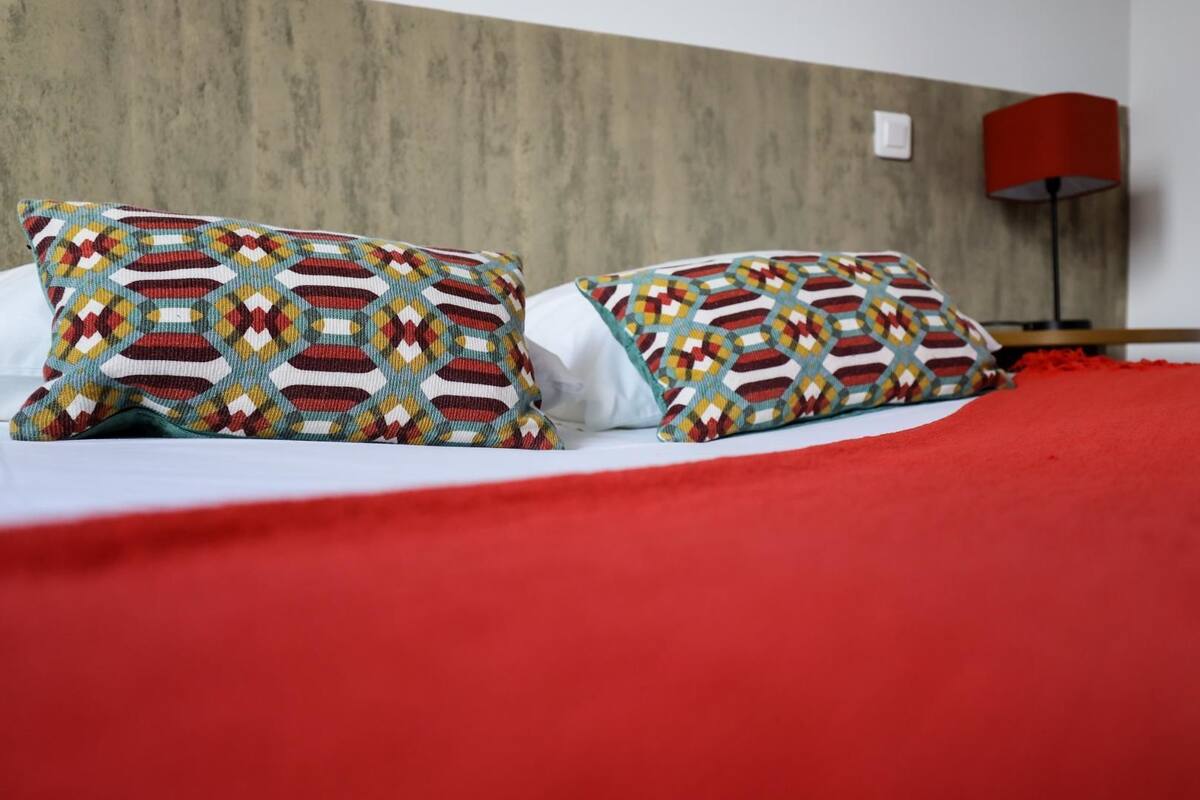 A bed with two patterned pillows and a red blanket.