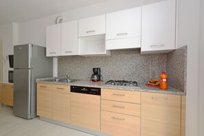 Full-size fridge, microwave, stovetop, dishwasher