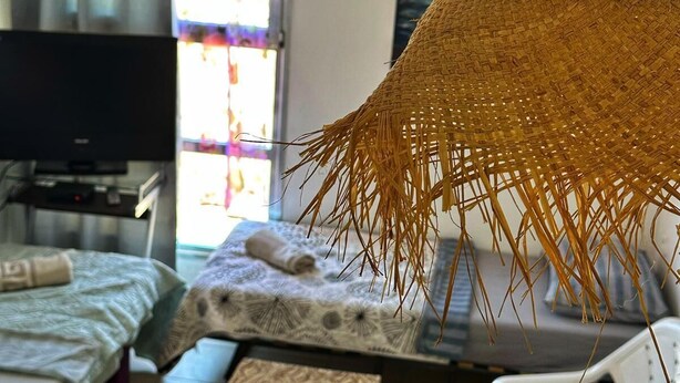 Un salon avec un canapé, une table basse sur laquelle on a disposé des fruits, un téléviseur et une grande lampe en fibres tressées.