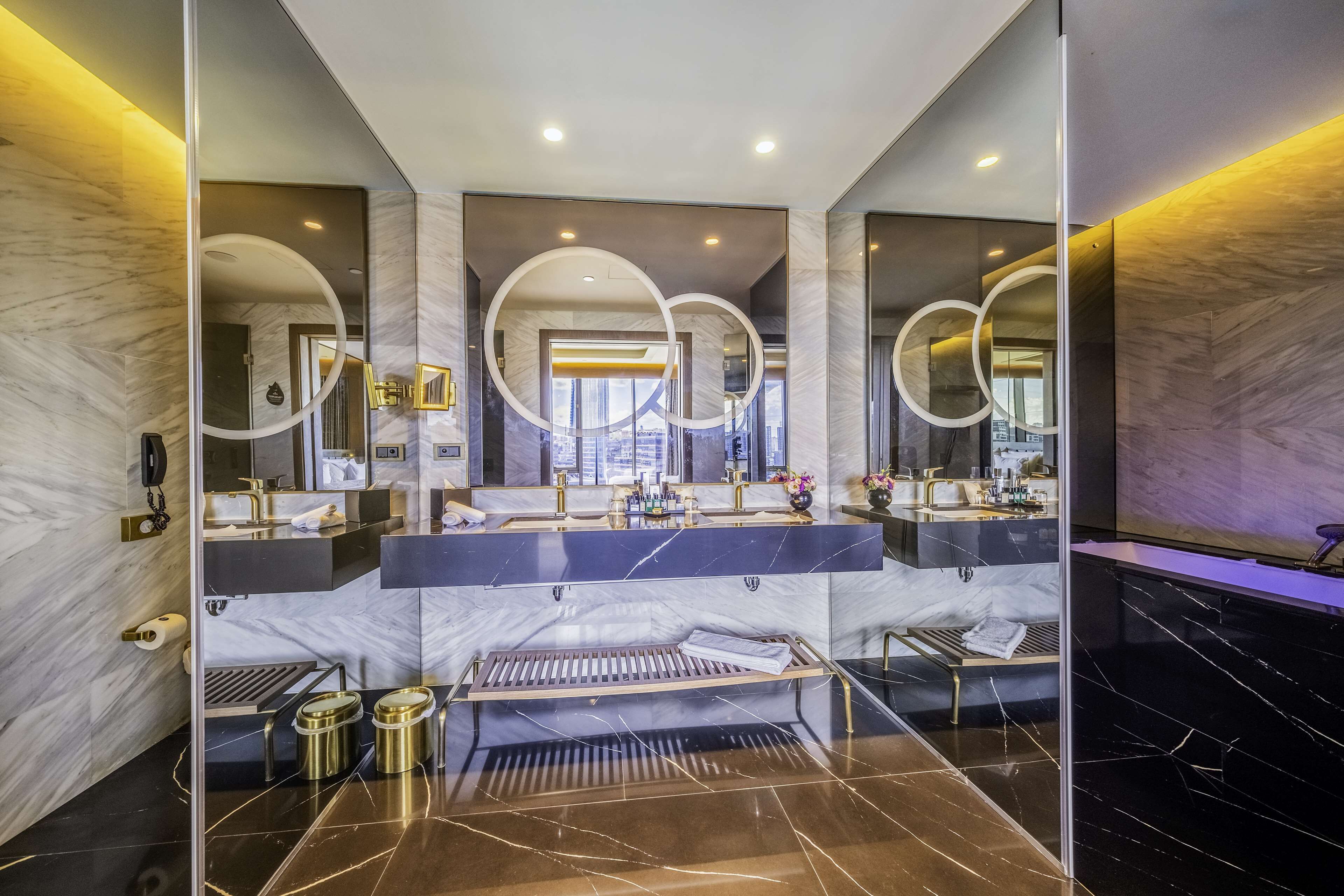 presidential suite | bathroom | rainfall showerhead, designer toiletries, hair dryer, slippers